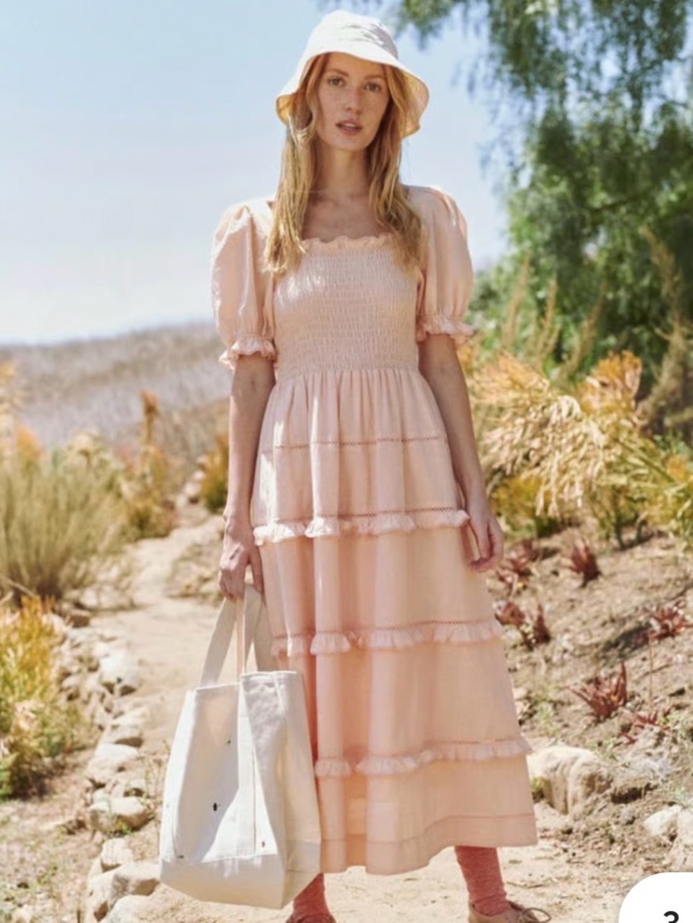 THE GREAT Smocked Puff-Sleeve Tiered Maxi Dress in Blush, size 2  (US size 8-10)